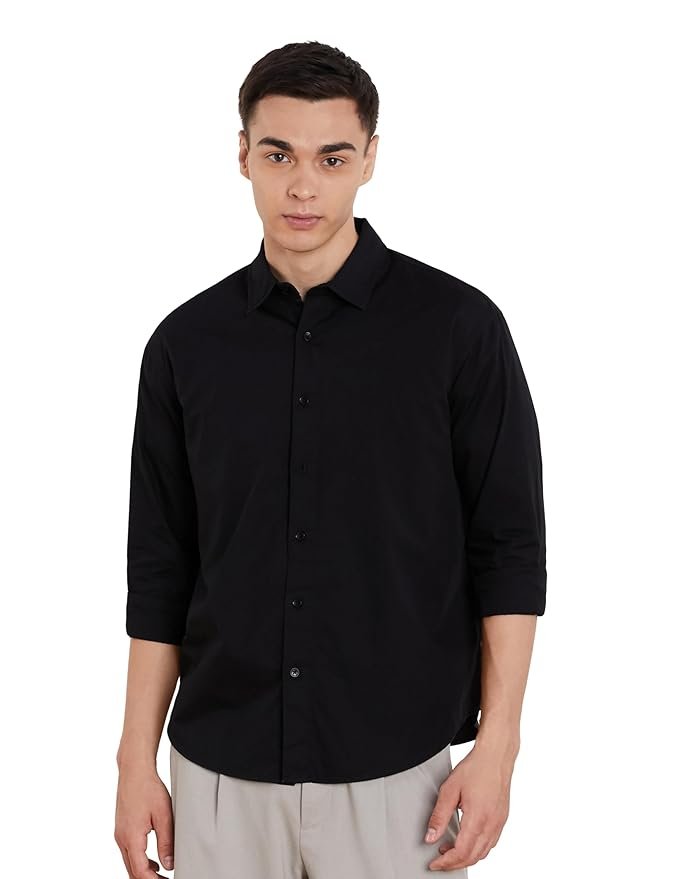 Shirts, Amazon Brand - Symbol Men's Solid Oversized Cotton Casual Shirt | Plain | Full Sleeve (Available in Plus Size) - black,